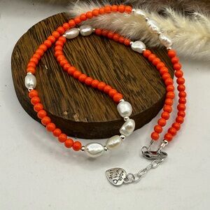 Orange Czech Bead and pearls Necklace